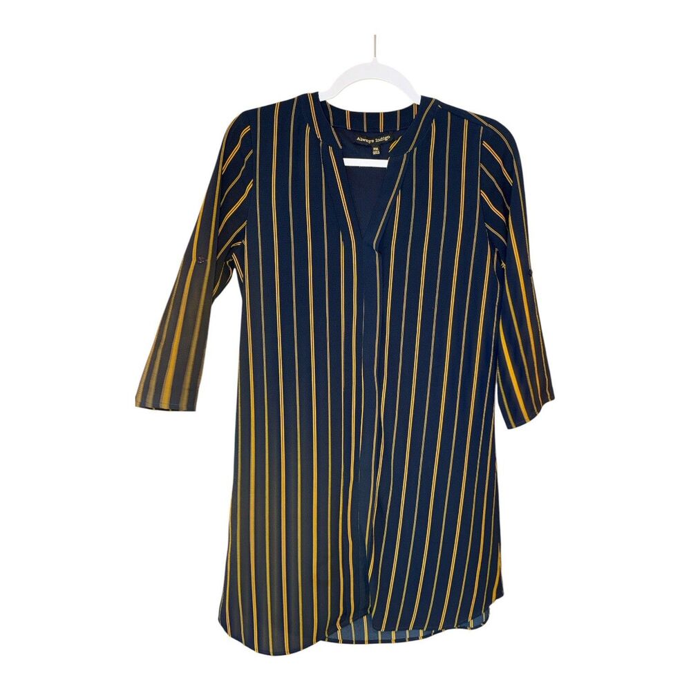 Always Indigo Shirt Dress Navy Blue Yellow Striped Womens PM Roll Tab Sleeve